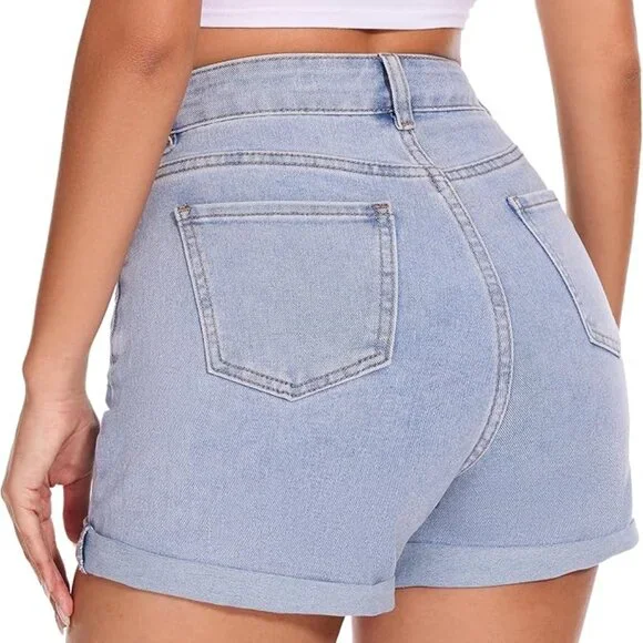 Denim Shorts Women Stretchy High Waisted Fold Hem Jean Shorts - Picture 2 of 6